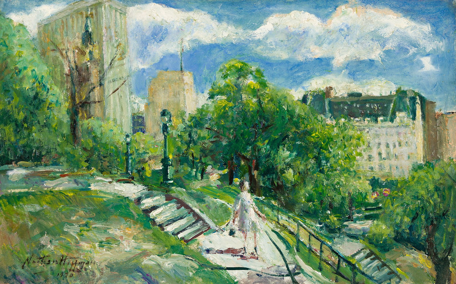 Nathan Hoffman Central Park Looking Southeast, oil on board, 1970.: Nathan Hoffman 1900-1979 Central Park, Looking Southeast. 1970. Oil on board Signed and dated, lower left. Signed, titled, dated and inscribed "With General Bldg, Sherry Netherland Hotel, Squibs Build