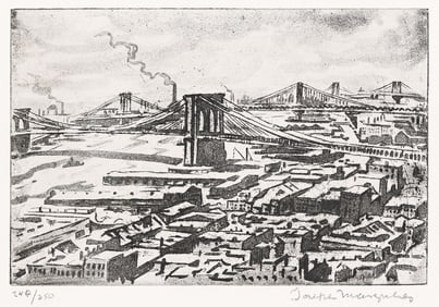 Joseph Margulies, East River Bridges, etching and aquatint, 1976.