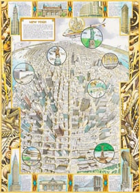 Albert Lorenz, New York City Aerial with graphic border, mixed media, 1984 and 2004.