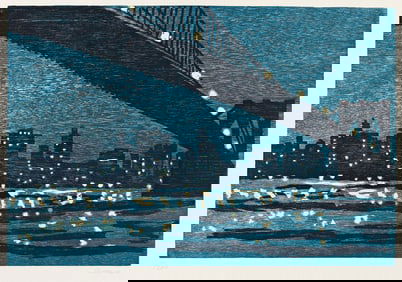Richard Bosman, Brooklyn Bridge, color woodcut, 1996.