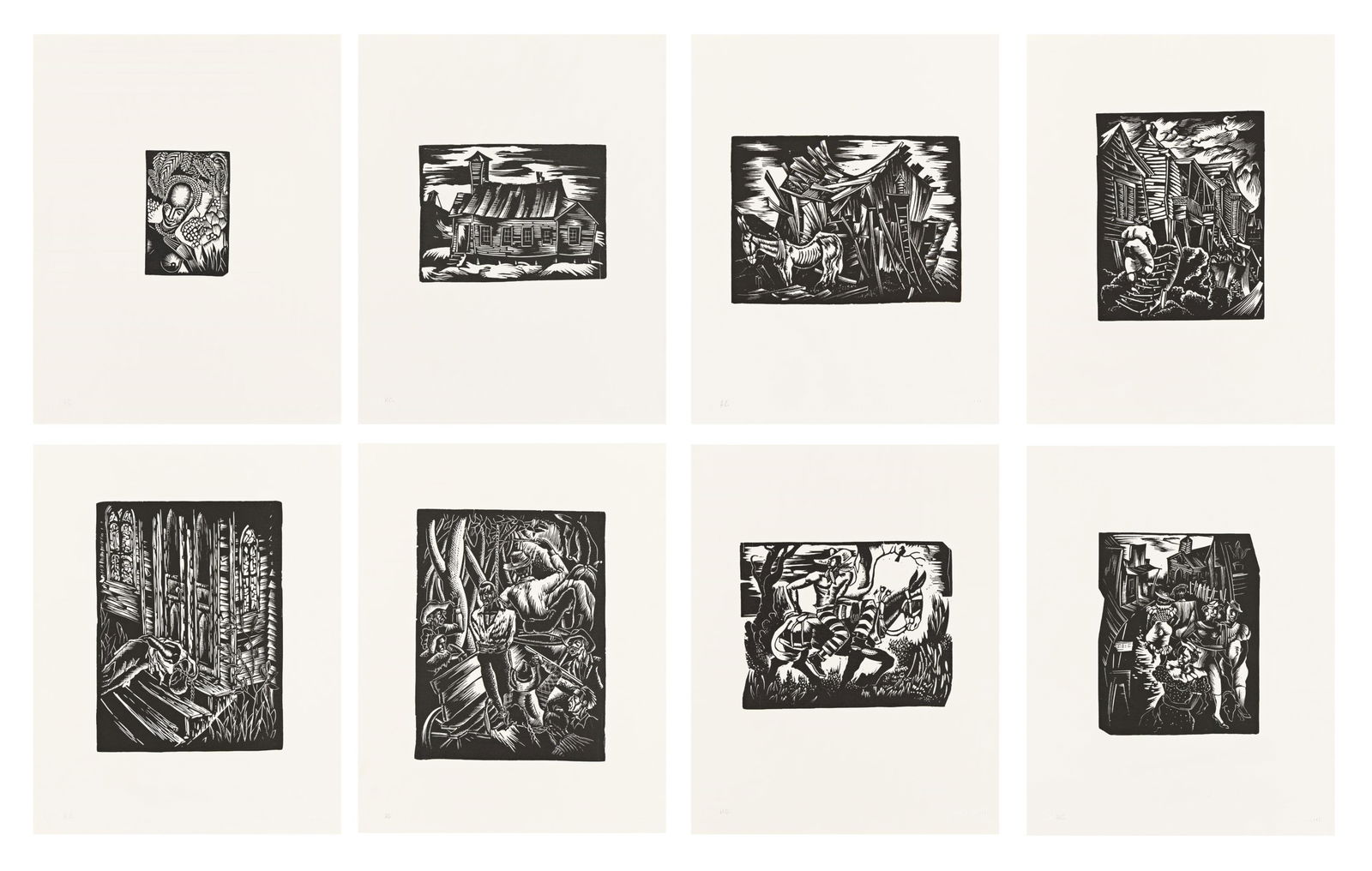 Hale Woodruff (1900-1980), Selections from the Atlanta Period, c. 1931-46 (1996).: Hale Woodruff(1900-1980)Selections from the Atlanta Period.Portfolio of 8 linoleum cuts on cream Lana paper, circa 1931-1946.An hors commerce set, aside from the deluxe edition of 75. Each inscribed "