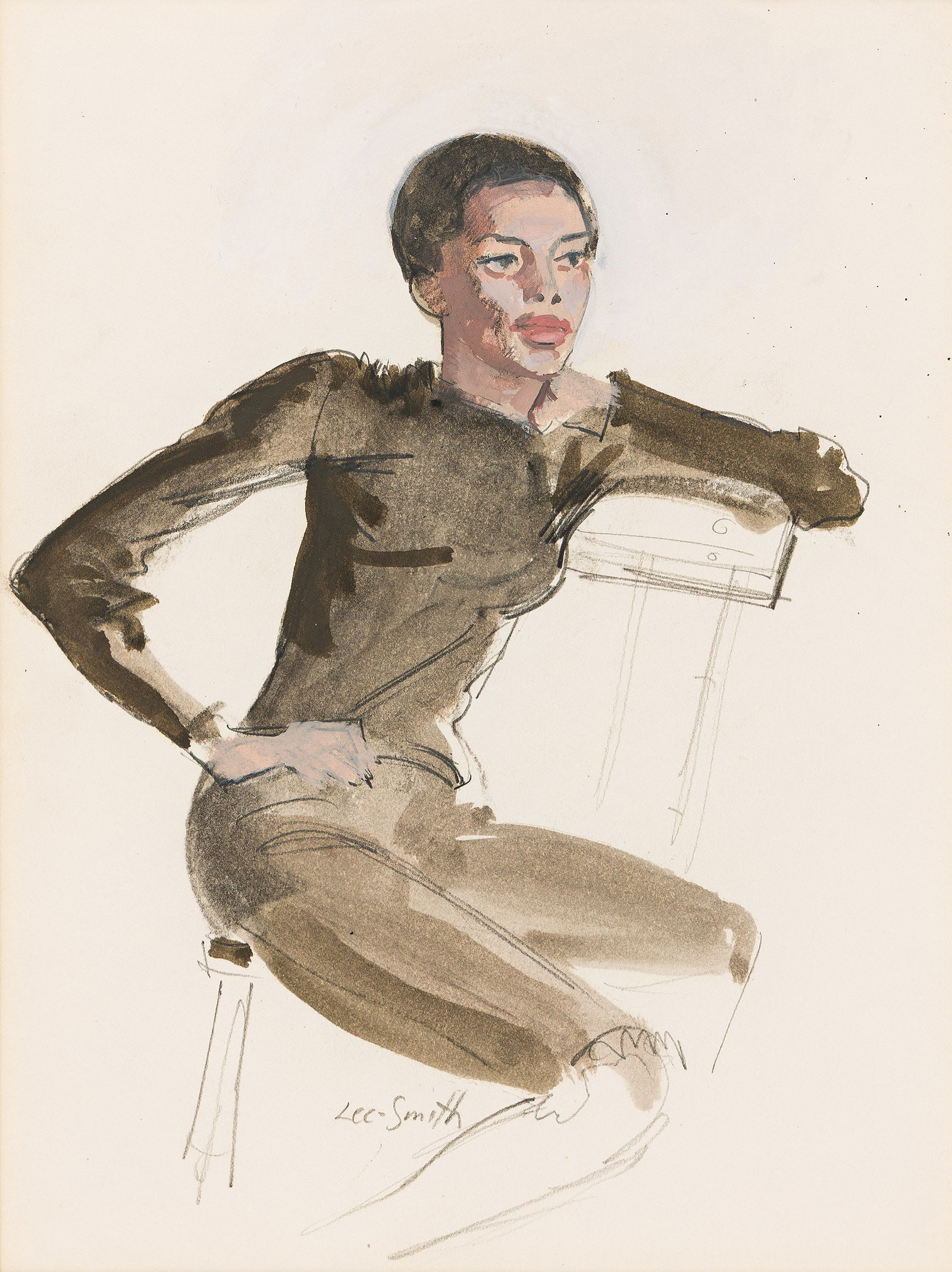 Hughie Lee-Smith (1914-1999), Untitled (Seated Young Woman), circa 1970.: Hughie Lee-Smith(1914-1999)Untitled (Seated Young Woman).Gouache, ink wash and pencil on cream wove paper, circa 1970.Signed in pencil, lower center.11 1/2 x 8 1/2 in. (29.2 x 21.6 cm.) Prove
