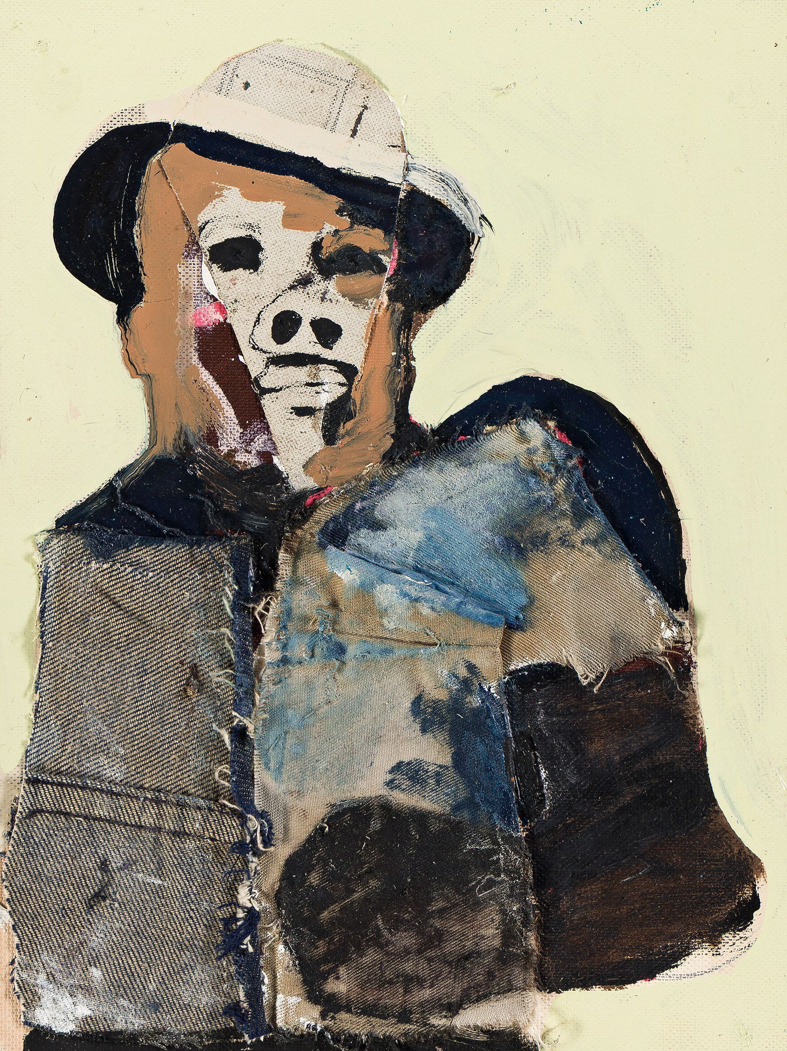 Benny Andrews (1930-2006) Jack J (Jack Johnson), 1970.: Benny Andrews(1930-2006)Jack J (Jack Johnson).Oil and fabric collage on canvas board, 1970.Signed, titled and dated in oil, verso.12 x 9 in. (30.5 x 22.9 cm.) Provenance:Private col