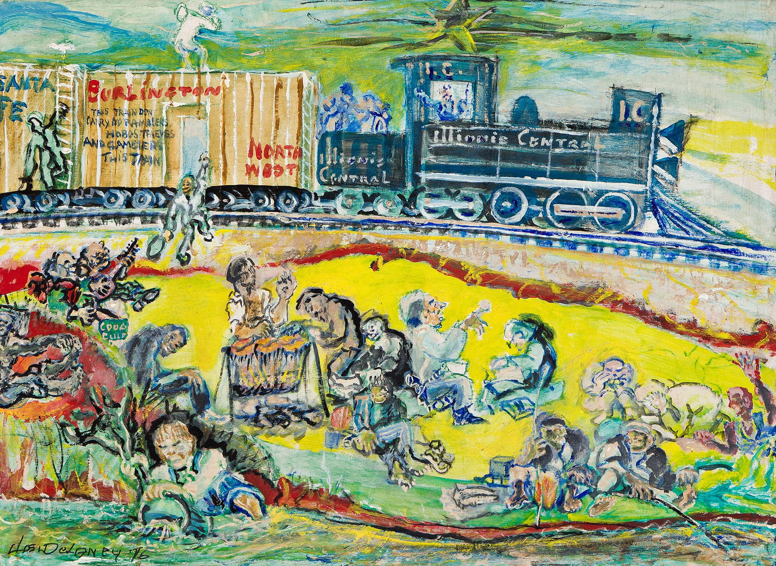 Joseph Delaney (1904-1991), Hobo Jungle Feast, 1976.: Joseph Delaney(1904-1991)Hobo Jungle Feast.Acrylic and pastel on board, 1976.Signed and dated "76" in ink, lower left recto. Signed, titled, dated "1978" and inscribed "Somewhere in Central Ohio, 1924