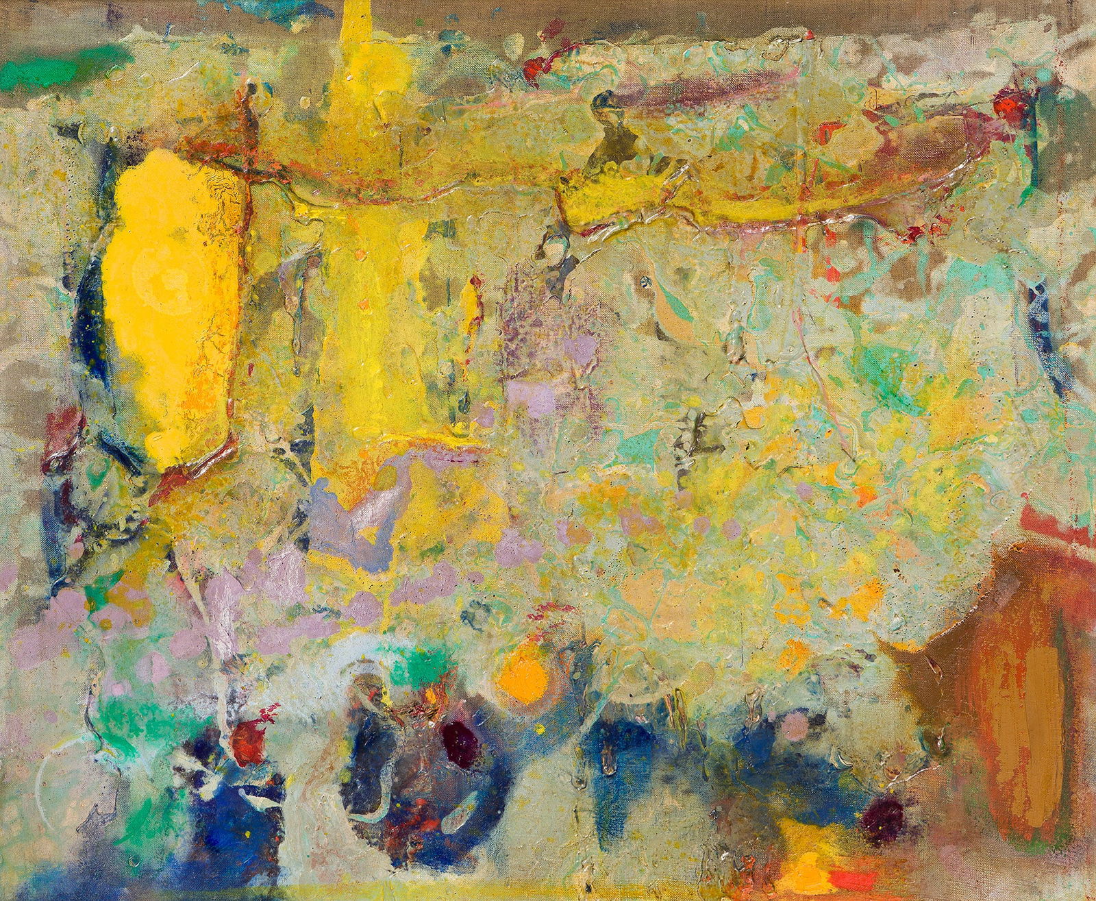 Sir Frank Bowling, OBE RA (1934-), To Crab Island, 1980.: Sir Frank Bowling, OBE RA(1934-)To Crab Island.Acrylic and acrylic gel on canvas, 1980.Signed and dated in ink, upper stretcher bar verso.20 x 24 in. (50.8 x 61 cm.), Frame: 22 x 26 x 1 1/2 in. (55.9
