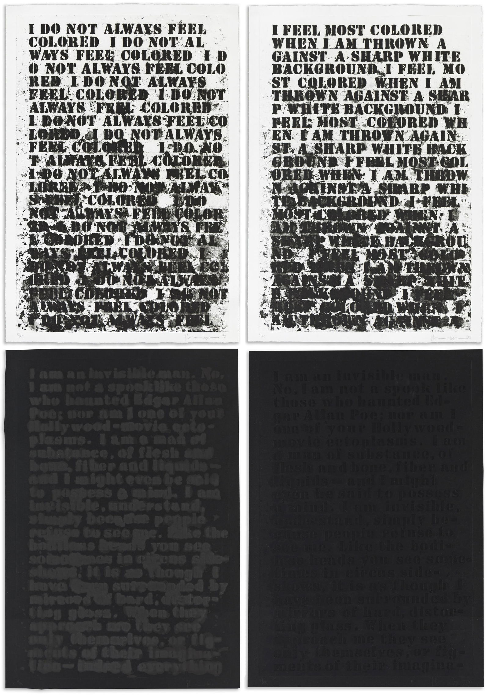 Glenn Ligon (1960-), Untitled: Four Etchings, 1992.: Glenn Ligon(1960-)Untitled: Four EtchingsSoftground etching, aquatint, spitbite, and sugarlift on black Rives paper, 1992.Each sheet signed, dated and numbered 5/45 in pencil, lower margin. Printed by