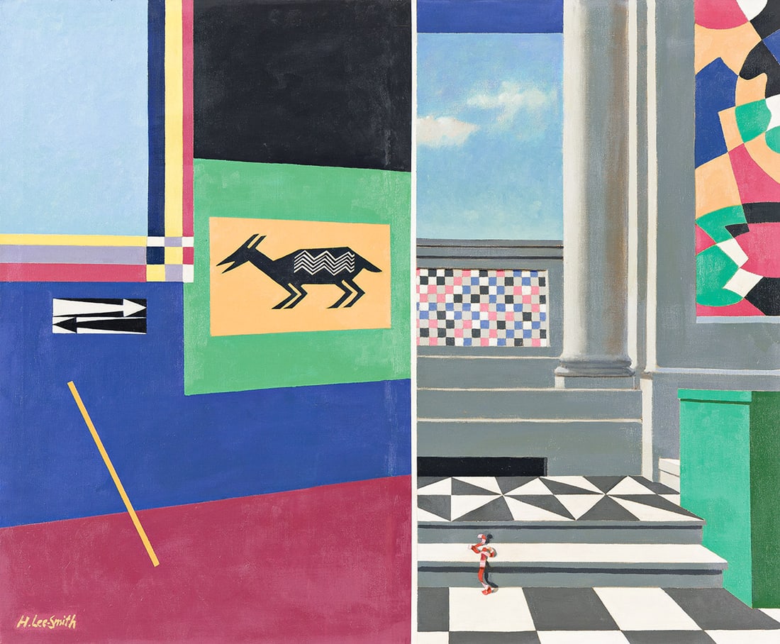 Hughie Lee-Smith (1915-1999), Untitled, 1995.: Hughie Lee-Smith(1915-1999)Untitled.Oil with paper collage on linen canvas, 1995Signed in oil, lower left.38 x 46 in. (96.5 x 116.8 cm.) Provenance:Estate of the artist.Thence