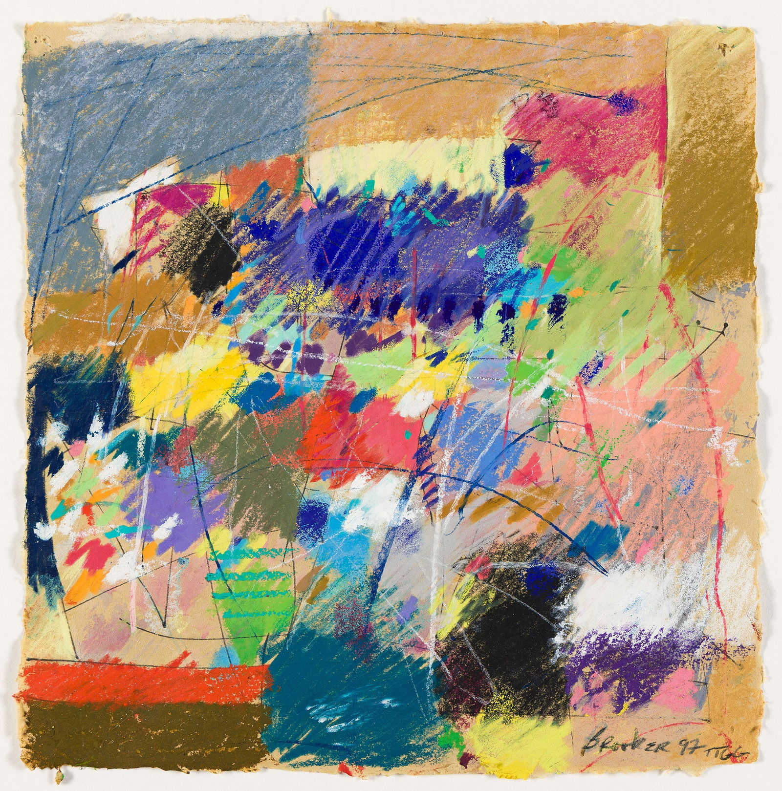 Moe Brooker (1940-2022), Contemporary Details II, 1997.: Moe Brooker(1940-2022)Contemporary Details II.Pastel on buff handmade paper, 1997.Signed, dated and inscribed "TTGG" in pastel, lower right.12 x 12 in. (30.5 x 30.5 cm.), Frame: 26 x 26 x 1 1/2 in. (6