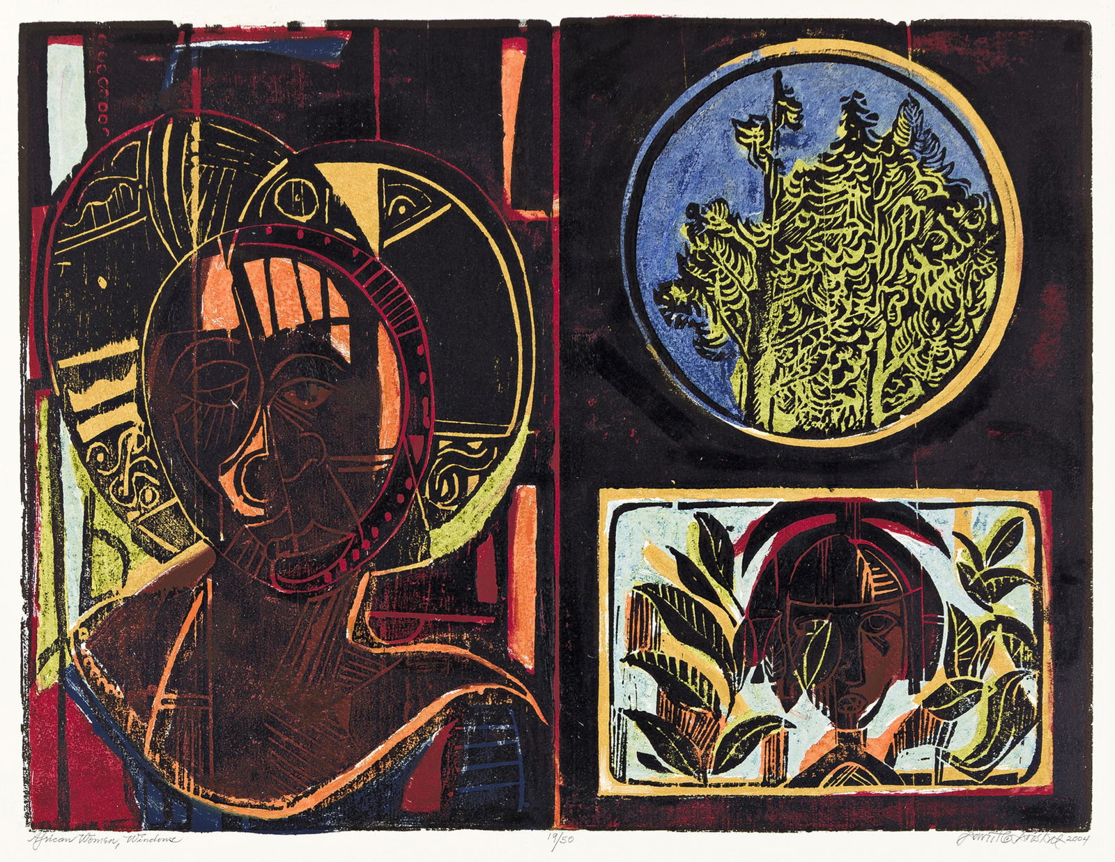 David C. Driskell (1931-2020), African Women, Windows, 2004.: David C. Driskell(1931-2020)African Women, Windows.Color woodcut and monoprint, 2004.Signed, titled, dated and numbered 19/50 in pencil, lower margin. Printed by Curlee R. Holton at the Experimental P