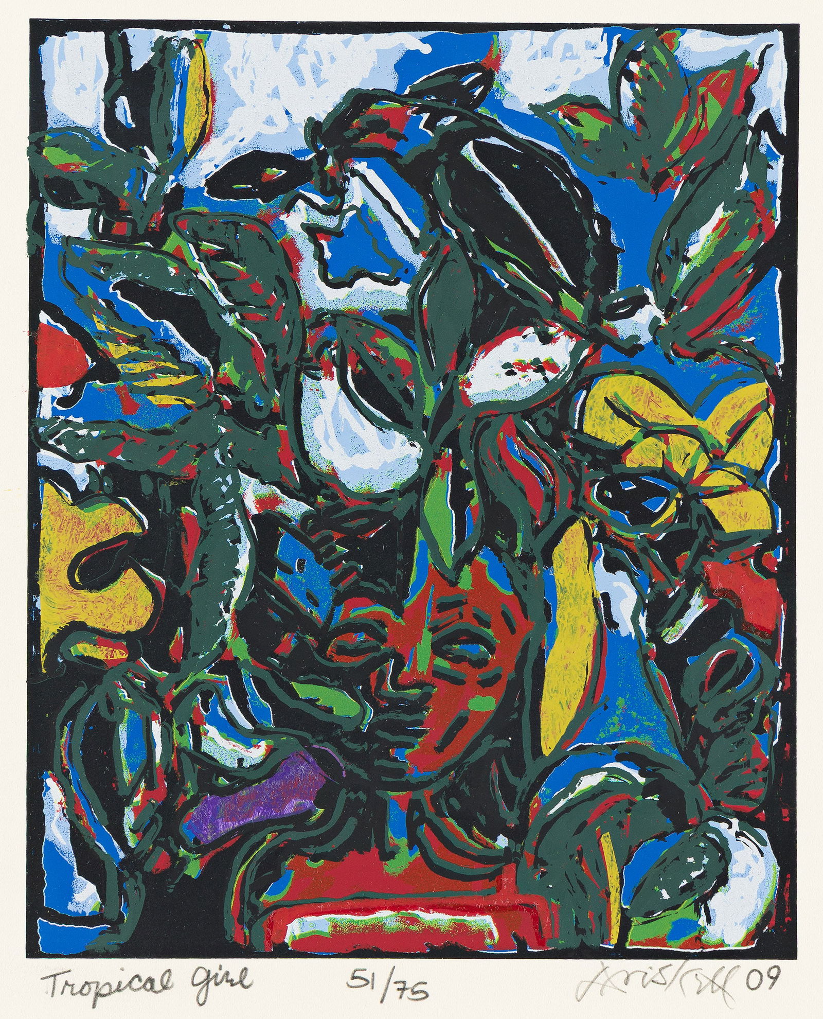 David C. Driskell (1931-2020), Tropical Girl, 2009.: David C. Driskell(1931-2020)Tropical Girl.Color screenprint, 2009.Signed, titled, dated and numbered 51/75 in pencil, lower margin. Printed by Curlee R. Holton. Published by Cardinal Point Press. From