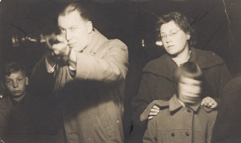 Approximately 105 portraits taken of visitors to shooting galleries or targets at fairs. Circa