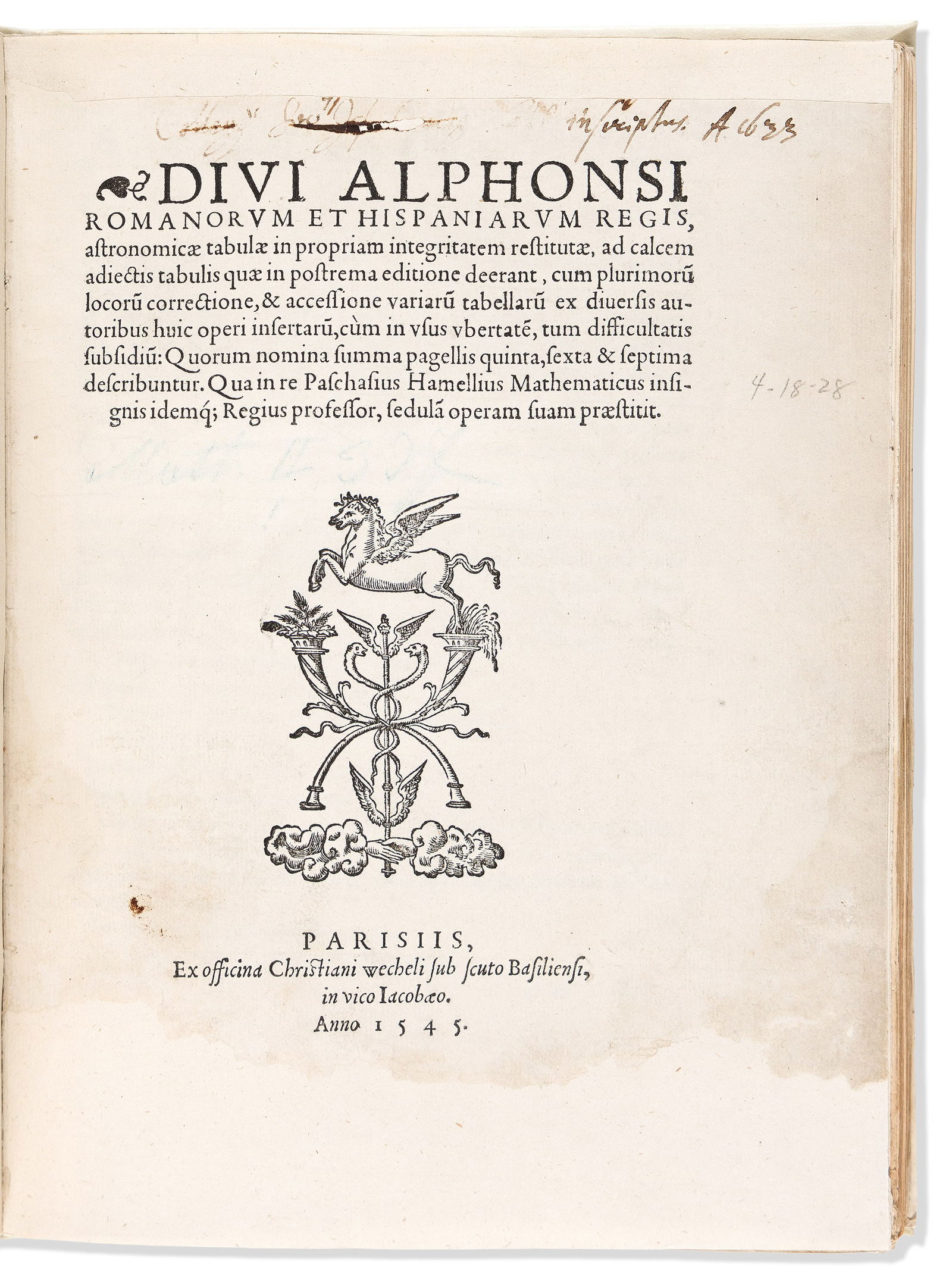 Alfonso X of Castile. Astronomicae Tabulae in Propriam Integritatem Restitutae. Alfonsine Tables