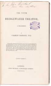 Charles Babbage. The Ninth Bridgewater Treatise, Author's Presentation Copy to Sir John Frederick