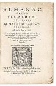 Marsilio Cagnati. Almanac o Vero Efemeridi de Pianeti dal 1588. sino al 1606. Rome: Nelle casa del