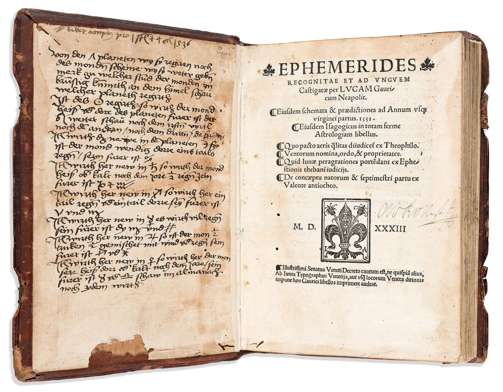 Luca Gaurico. Ephemerides Recognitae et ad Unguem Castigatae. Venice: Ab Iunta Typographus, 1533. (1 of 2)