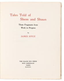 James Joyce. Tales Told of Shem and Shaun. Paris: The Black Sun Press, 1929.