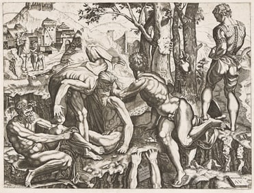 Agostino Veneziano (After), Soldiers Bathing in the Arno (Climbers), after 1524.