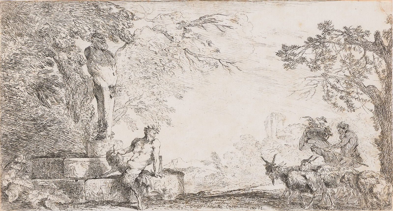 Giovanni Benedetto Castiglione (1609-1664) Two etchings.: Giovanni Benedetto Castiglione(1609-1664)Two etchings.(i) Pan seated near a vase, circa 1645. 4 1/2x8 3/8 in (11.5x21.3 cm), thread margins.(ii) A satyr reclining at the foot of a statue of Priapu