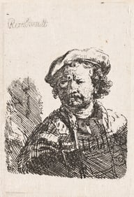 Rembrandt van Rijn (1606-1669) Self Portrait in a Flat Cap and Embroidered Dress, circa 1642.