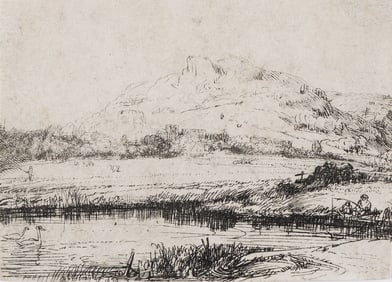 Rembrandt van Rijn (1606-1669) Canal with an Angler and Two Swans, 1650.
