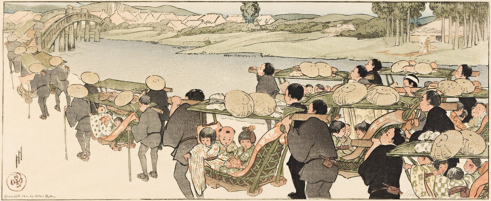 Helen Hyde (1868-1919) Going to the Fair, 1910.: Helen Hyde(1868-1919)Going to the Fair.Color woodcut on tissue-thin Japan paper, 1910.Signed in pencil, lower right image. Mason 86.Image: 7 3/4 x 19 in. (19.7 x 48.4 cm.), wide margins.