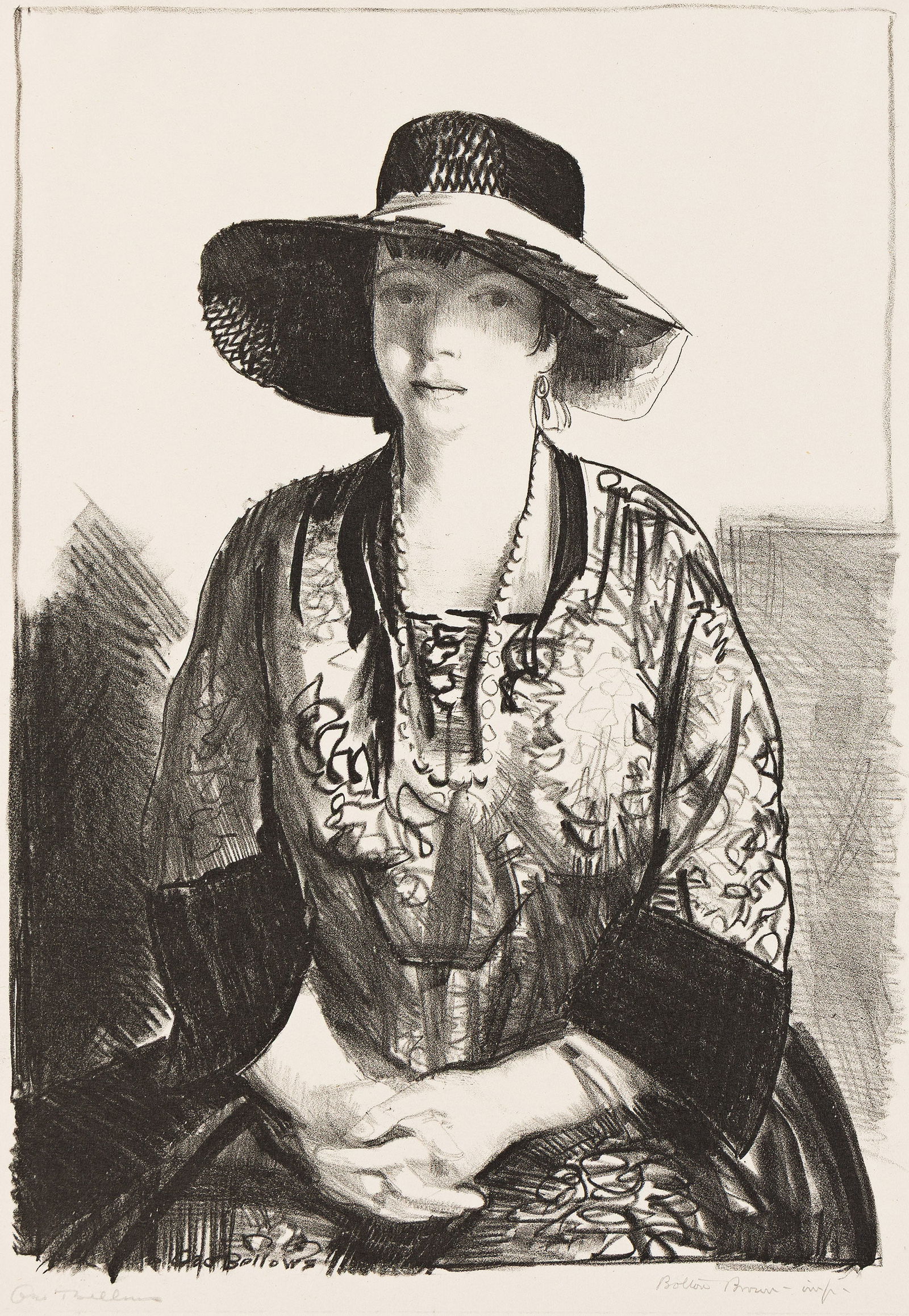 George Wesley Bellows (1882-1925) The Black Hat, 1921.: George Wesley Bellows(1882-1925)The Black Hat.Lithograph, 1921.Edition of 55. Signed in pencil, lower margin, and signed by the printer, Bolton Brown, in pencil, lower right. Mason 113.Image: 13 x 9 i