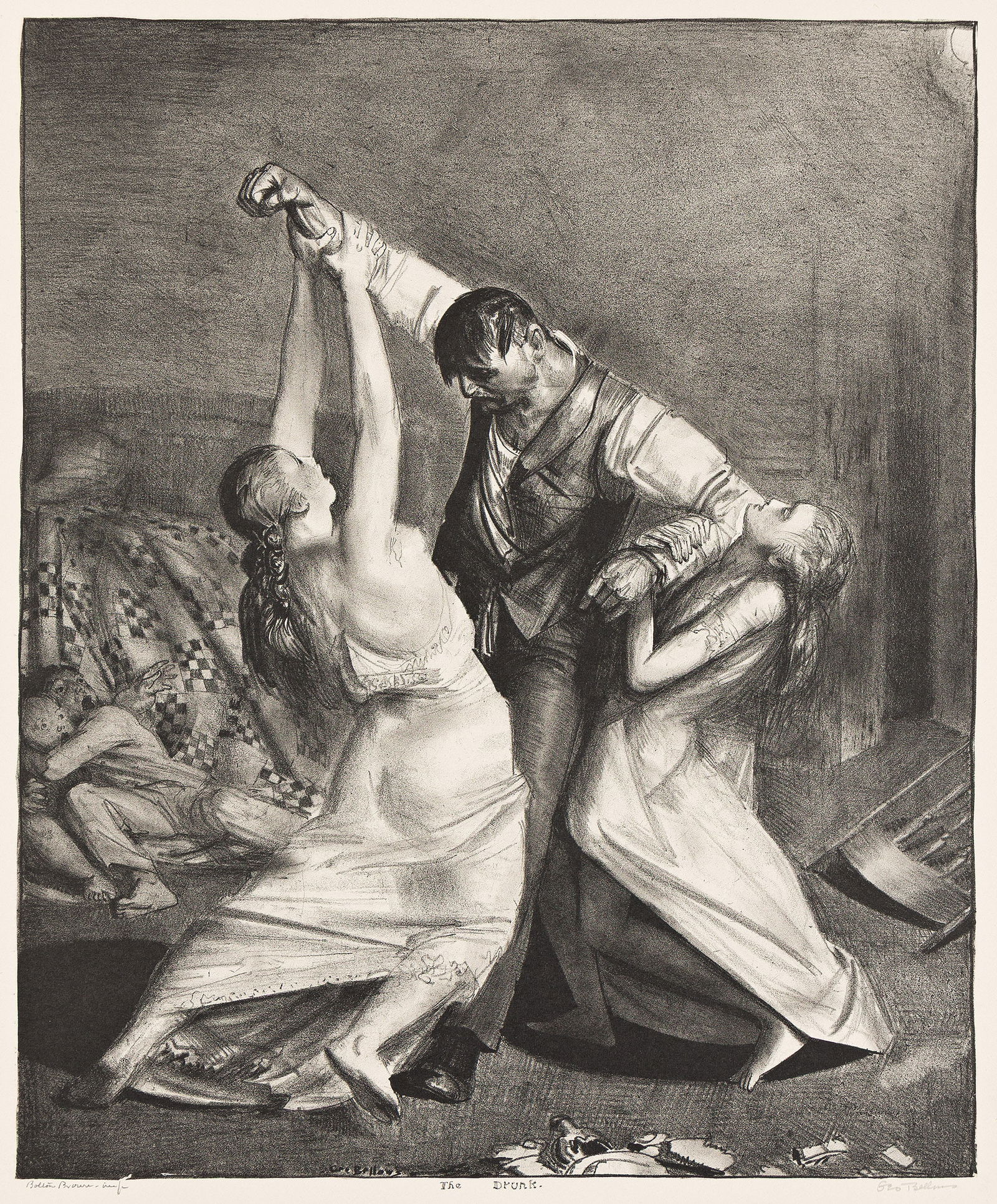 George Wesley Bellows (1882-1925) The Drunk, First Stone, 1923-24.: George Wesley Bellows(1882-1925)The Drunk, First StoneLithograph, 1923-24.Edition of 35. Signed "Geo. Bellows" in pencil lower left, and signed by the printer, Bolton Brown, in pencil, lower left. Mas