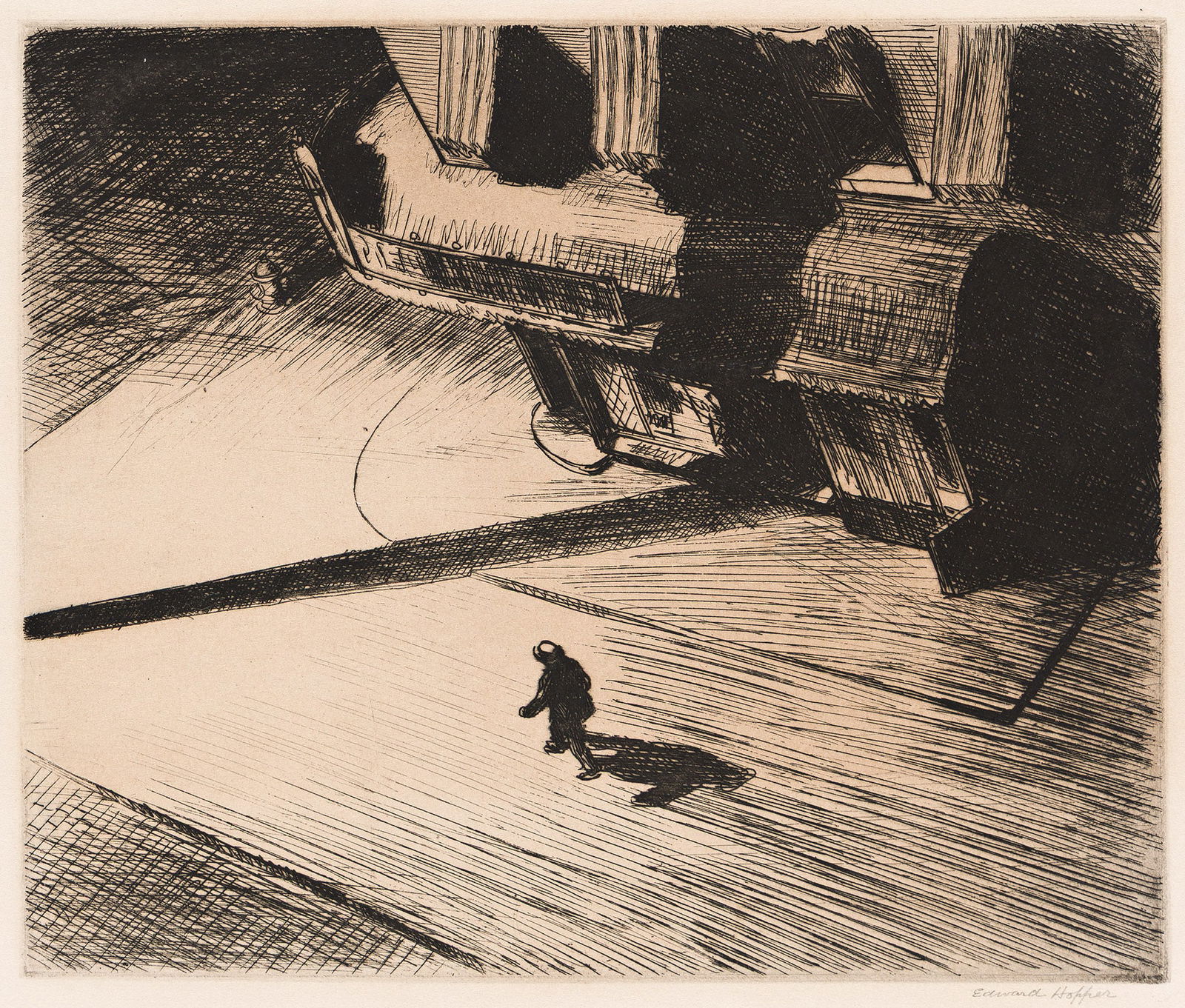 Edward Hopper (1882-1967) Night Shadows, 1921.: Edward Hopper(1882-1967)Night Shadows.Etching, 1921.Edition of approximately 500. Signed in pencil, lower right. Published by The New Republic, New York. Levin 82.Plate: 7 x 8 1/4 in. (17.6 x 21 cm.),