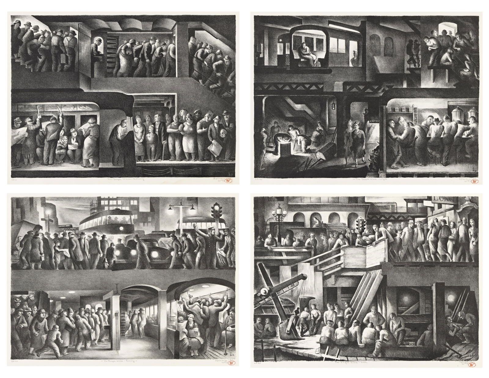 Benton Murdoch Spruance (1904-1967) The People WorkóMorning, Noon, Evening & Night, 1937.: Benton Murdoch Spruance(1904-1967)The People WorkóMorning, Noon, Evening & Night.Set of four lithographs, 1937.Edition of 40. Each signed "Spruance W.G.S.," titled, dated and inscribed "ed 40" in