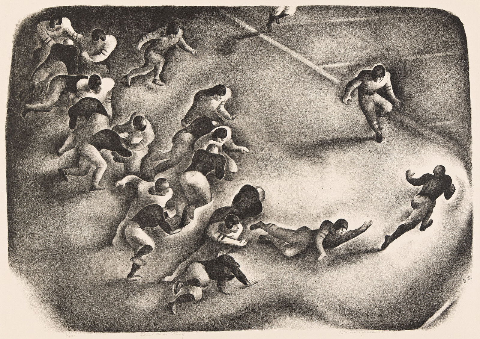 Benton Murdoch Spruance (1904-1967) Touchdown Play, 1933.: Benton Murdoch Spruance(1904-1967)Touchdown Play.Lithograph, 1933.Signed, titled and numbered 17/40 in pencil, lower margin. Printed by Theodore Cuno, Philadelphia. Fine/Looney 87.Image: 11 1/2 x 16 1