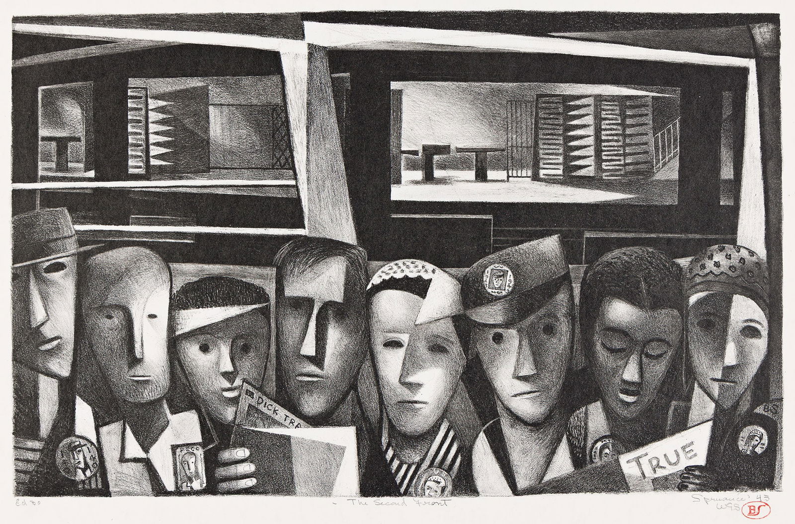 Benton Murdoch Spruance (1904-1967) Subway Shift: The Second Front, 1943.: Benton Murdoch Spruance(1904-1967)Subway Shift: The Second Front.Lithograph, 1943.Edition of approximately 30. Signed, titled, dated and inscribed "Ed 30" by the artist's estate in pencil, lower margi