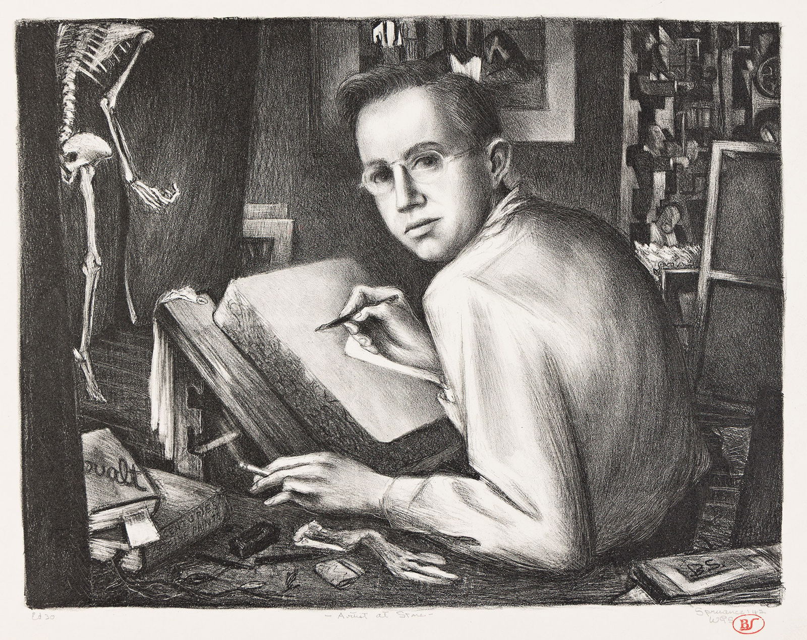 Benton Murdoch Spruance (1904-1967) Artist at Stone, 1942.: Benton Murdoch Spruance(1904-1967)Artist at Stone.Lithograph, 1942.Edition of 30. Signed "Benton Spruance WGS," titled, dated and inscribed "Ed 30" in pencil by the artist's wife, Winifred Glover Spru