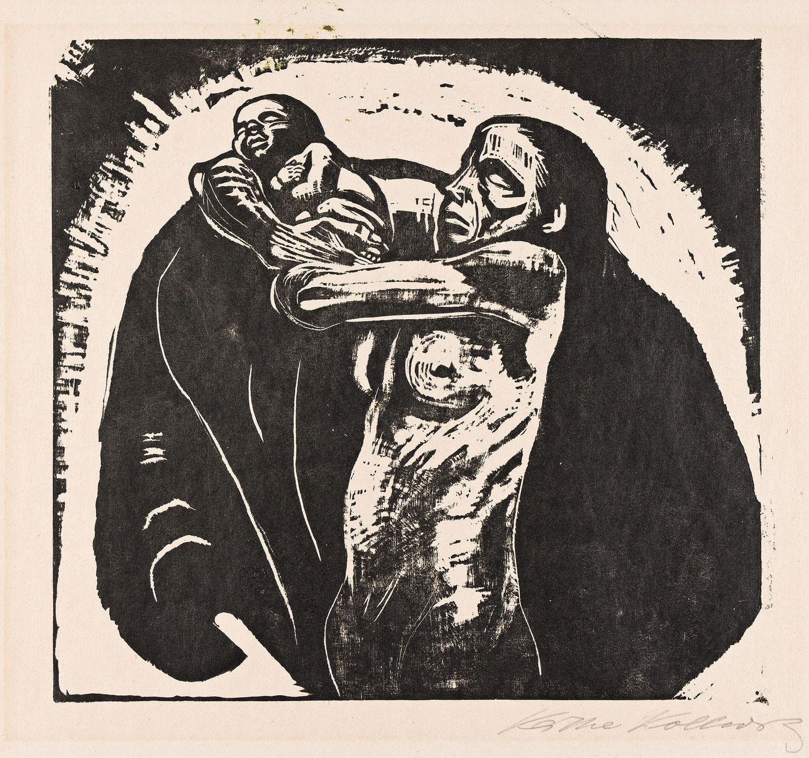 K‰the Kollwitz (1867-1945) Das Opfer, 1922.: K‰the Kollwitz(1867-1945)Das Opfer.Woodcut on cream wove paper, 1922.Ninth state (of 9). Signed in pencil, lower right. From Krieg. Klipstein 177; Knesebeck 179.Image: 14 1/2 x 15 3/4 in. (36.8