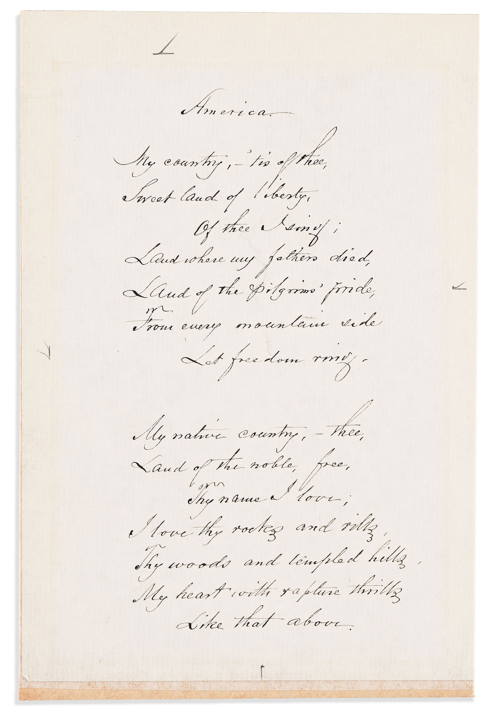 Samuel Francis Smith. Autograph Manuscript dated and Signed, "S.F. Smith." Np, 23 November 1886.: "My country, 'tis of thee"Samuel Francis Smith Autograph Manuscript dated and Signed, "S.F. Smith,"complete fair copy of his hymn, "America." 2 pages, small 8vo, written on two sheets; each leaf mount