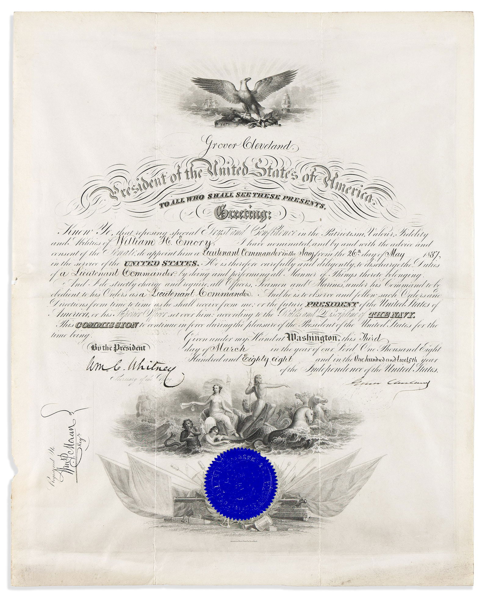 Grover Cleveland. Two items, each Signed, as President: Typed Letter * Partly-printed vellum: Grover Cleveland Two items, each Signed, as President: Typed Letter * Partly-printed vellum Document.The letter, to Robert Krause, endorsing the intention of Krause to name his son after Clevel
