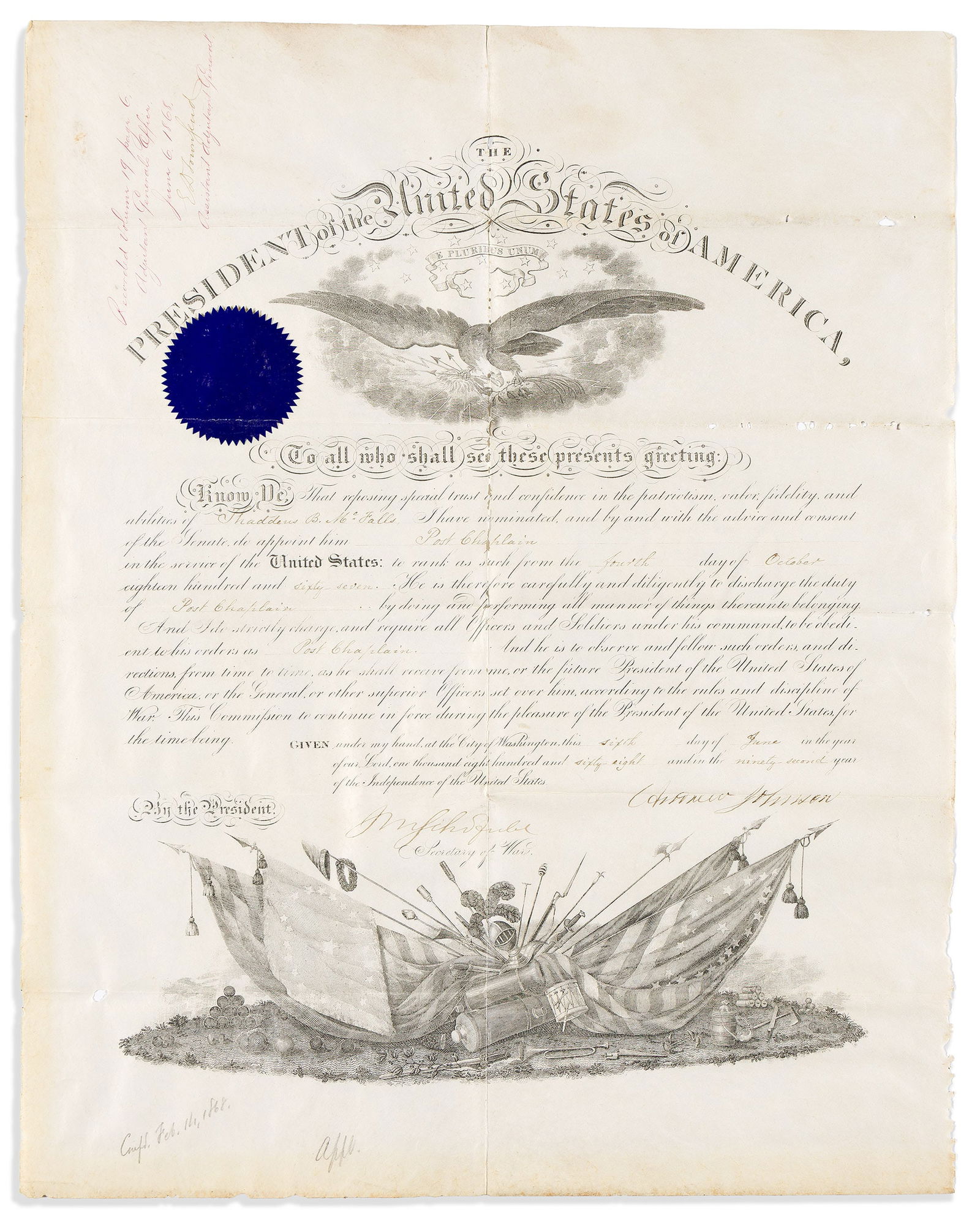 Andrew Johnson. Partly-printed vellum Document Signed, as President, appointing Thaddeus B. McFalls (1 of 1)