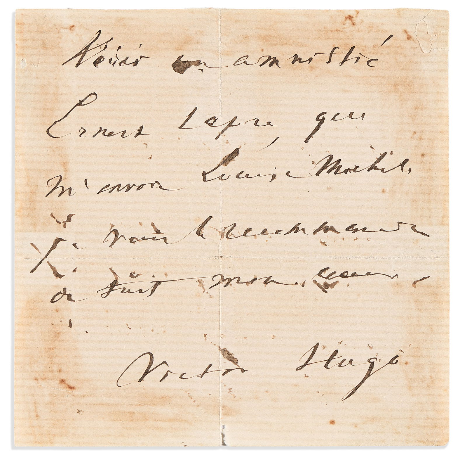 Victor Hugo. Autograph Note Signed, to an unnamed recipient. Np, nd. (1 of 1)