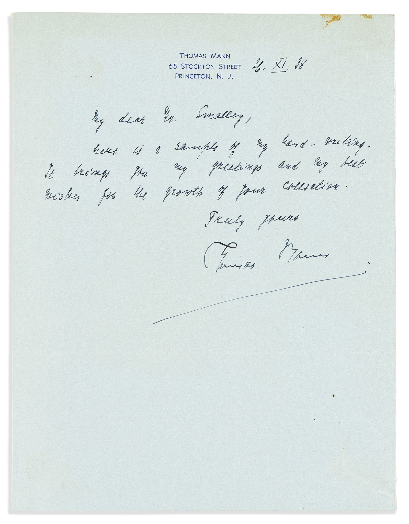 Thomas Mann. Two items, each Signed: Nocturnes * Brief Autograph Letter. New York: Equinox: Thomas Mann Two items, each Signed:Nocturnes * Brief Autograph Letter. The book, signed in pencil, on limitation page. Lithographic illustrations by Lynd Ward. 8vo, pictorial blue cloth with silv