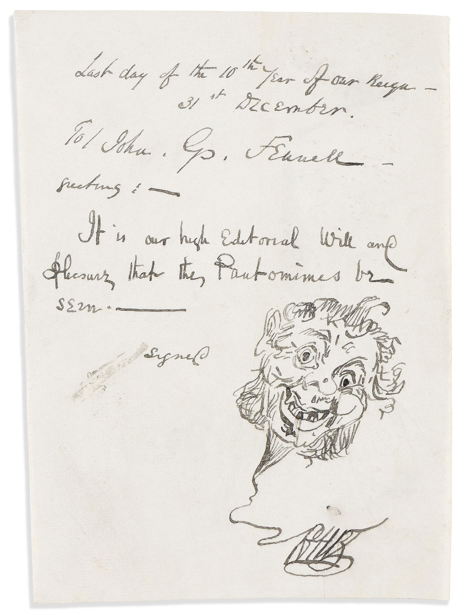 (Artists.) Group of 4 Autograph Letters Signed, two with a drawing, by artists: George Cruikshank *: Group of 4 Autograph Letters Signed, two with a drawing: George Cruikshank (2) * Benjamin West * Hablot Knight Browne.Format and condition vary.Vp, vd.Cruikshank. Two ALsS, "signed / [in place of sign
