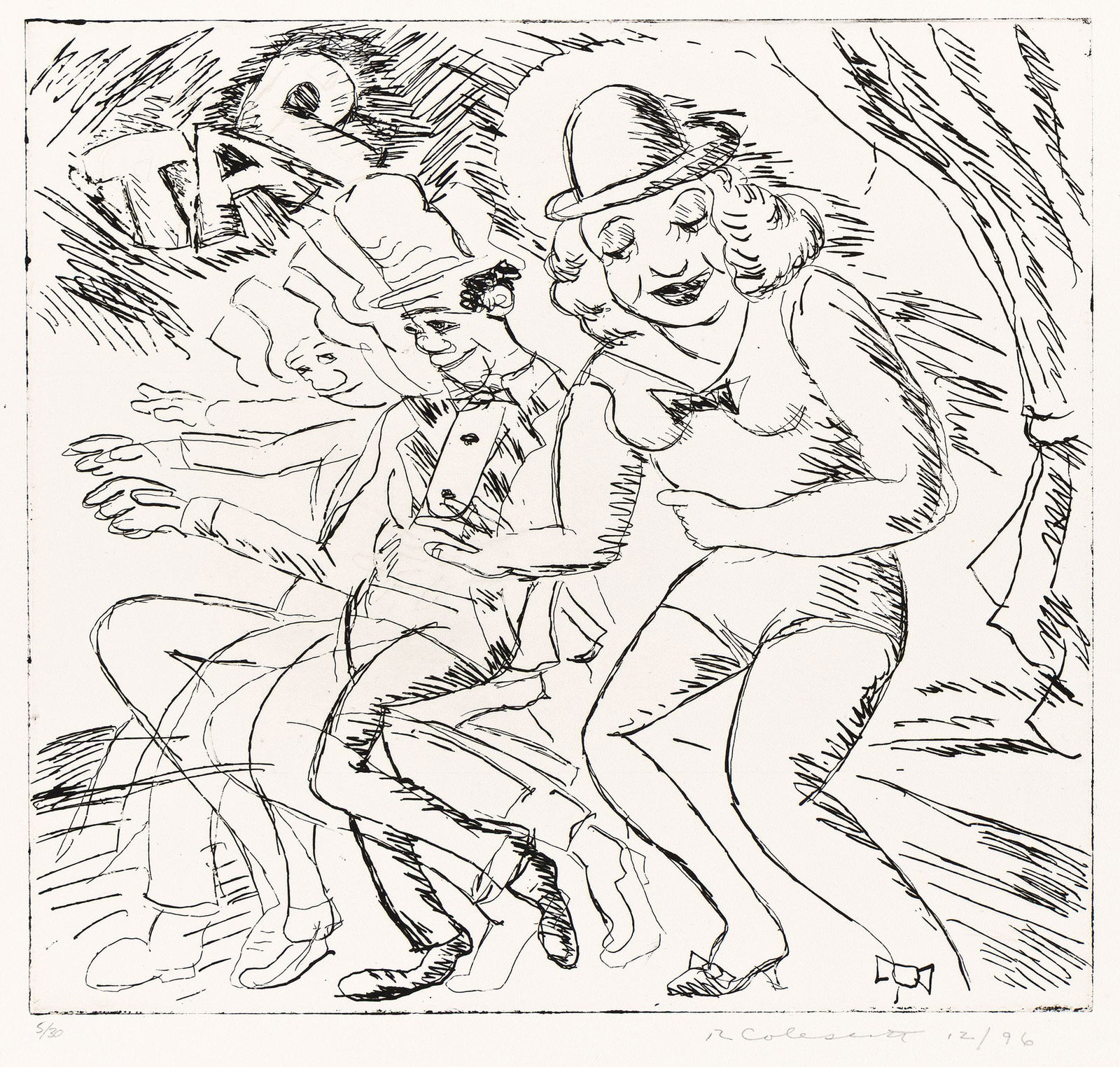 Robert Colescott (1925-2009), Tap, 1996.: Robert Colescott(1925-2009)Tap.Etching on Rives BFK, 1996.Signed, dated and numbered 5/30 in pencil, lower margin. Published by Vermont Studio Center, Johnson, Vermont, with the blind stamps lower mar