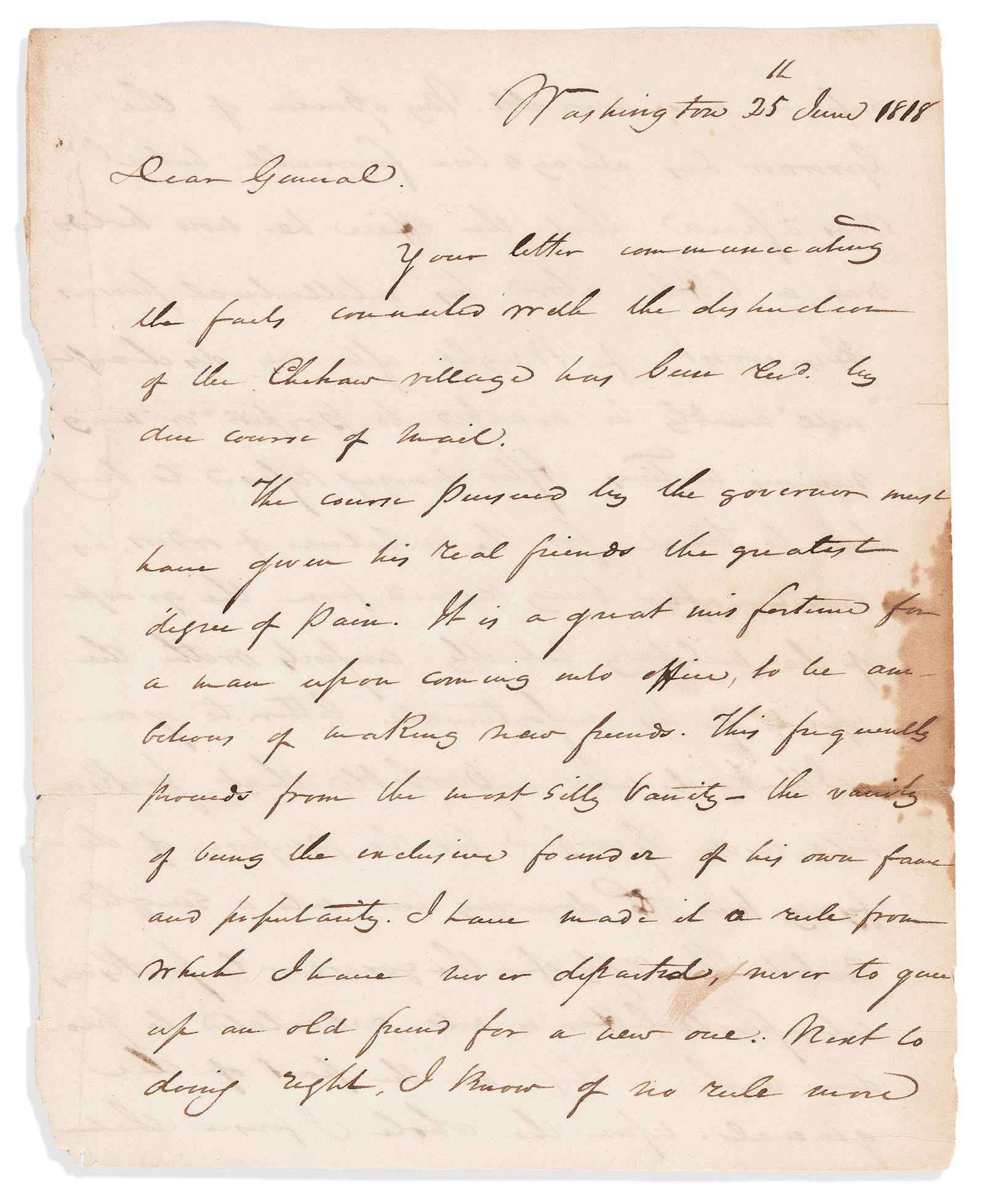 (AMERICAN INDIANS.) William H. Crawford. Letter on the Chehaw Massacre and Andrew Jackson.: William H. Crawford. Letter on the Chehaw Massacre and Andrew Jackson.Washington, 25 June 1818Autograph Letter Signed as Secretary of State to David B. Mitchell. 4 pages, 10 x 8 inches, on 2 detached