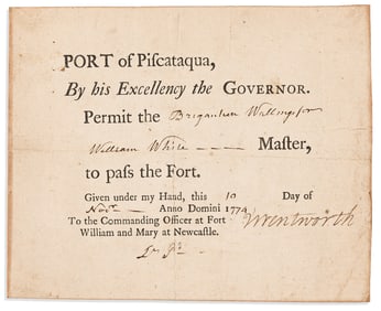 (AMERICAN REVOLUTION--PRELUDE.) John Wentworth. Governor's pass for a British ship to pass Fort