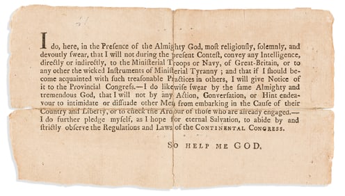 (AMERICAN REVOLUTION--1776.) Slip for administering a Revolutionary loyalty oath in New York, early