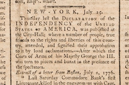 (AMERICAN REVOLUTION--1776.) Newspaper on the burning of the Royal Arms to celebrate the Declaration