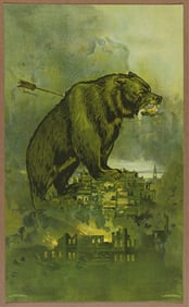 (CALIFORNIA.) Britton & Rey, lithographers. Print of a wounded grizzly bear destroying San