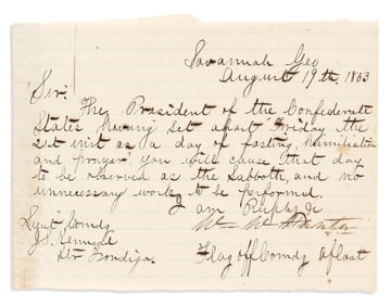 (CIVIL WAR--CONFEDERATE.) William W. Hunter. Order to observe President Davis' Day of Prayer in the