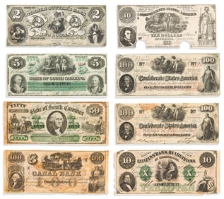 (CIVIL WAR--CONFEDERATE.) Group of Confederate currency and obsolete banknotes. Various places,