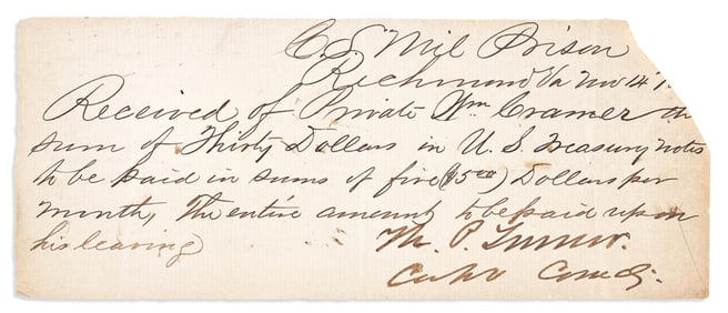 (CIVIL WAR--PRISONS.) Receipt issued to a Union soldier by the commander of Libby Prison. Richmond,