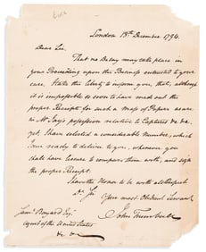 (DIPLOMACY.) John Trumbull. Letter concerning the resolution of Jay's Treaty, written as secretary