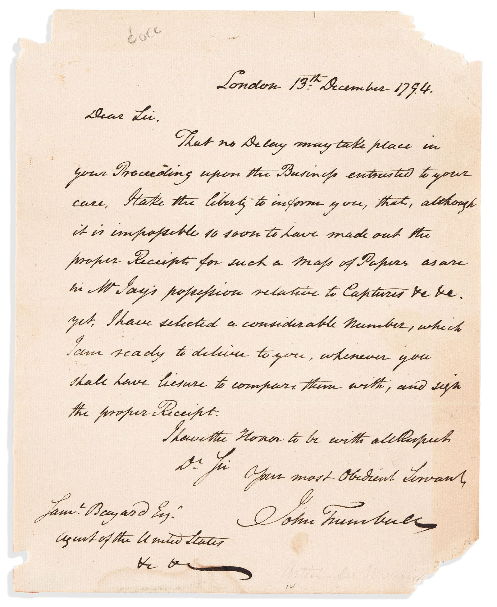 (DIPLOMACY.) John Trumbull. Letter concerning the resolution of Jay's Treaty, written as secretary (1 of 1)